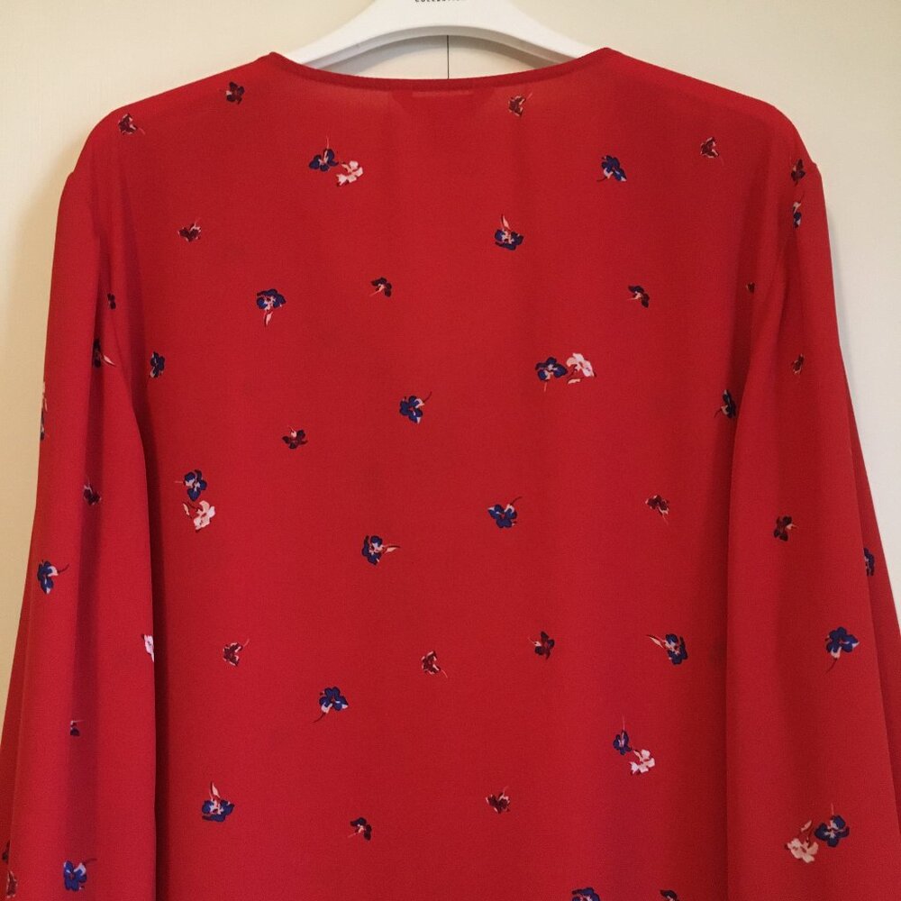 Joe Fresh Poppy Red Sheer Floral Blouse Peasant Sleeve V-Neck XL - Picture 6 of 16